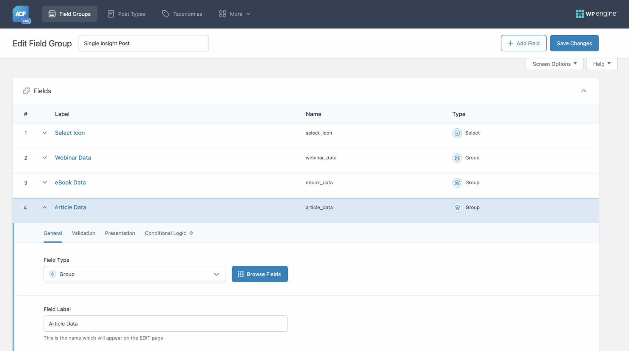 Screenshot of the "Edit Field Group" page in ACF, used for WordPress data migration, showing four fields: Select Icon, Webinar Data, eBook Data, and Article Data, with Article Data selected for editing.