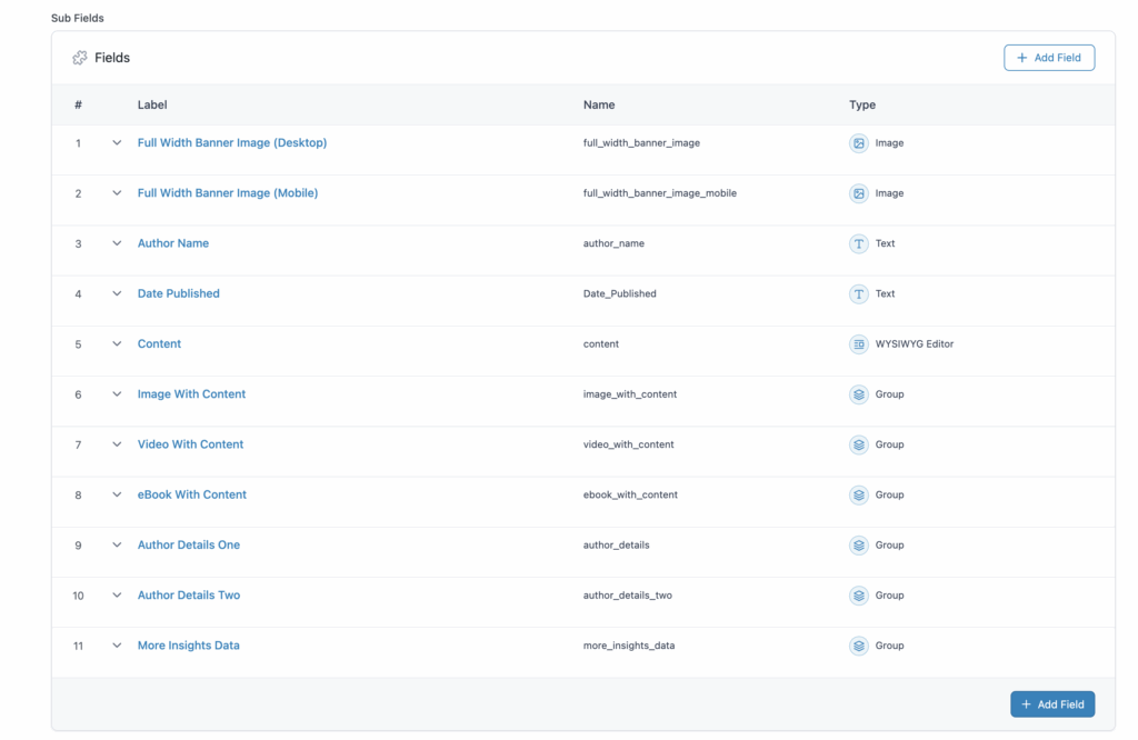 A screenshot of a web interface displaying a table of sub fields, including labels, names, and types for 11 fields—ideal for managing ACF to JetEngine migration or planning a WordPress post migration, with two “Add Field” buttons visible.