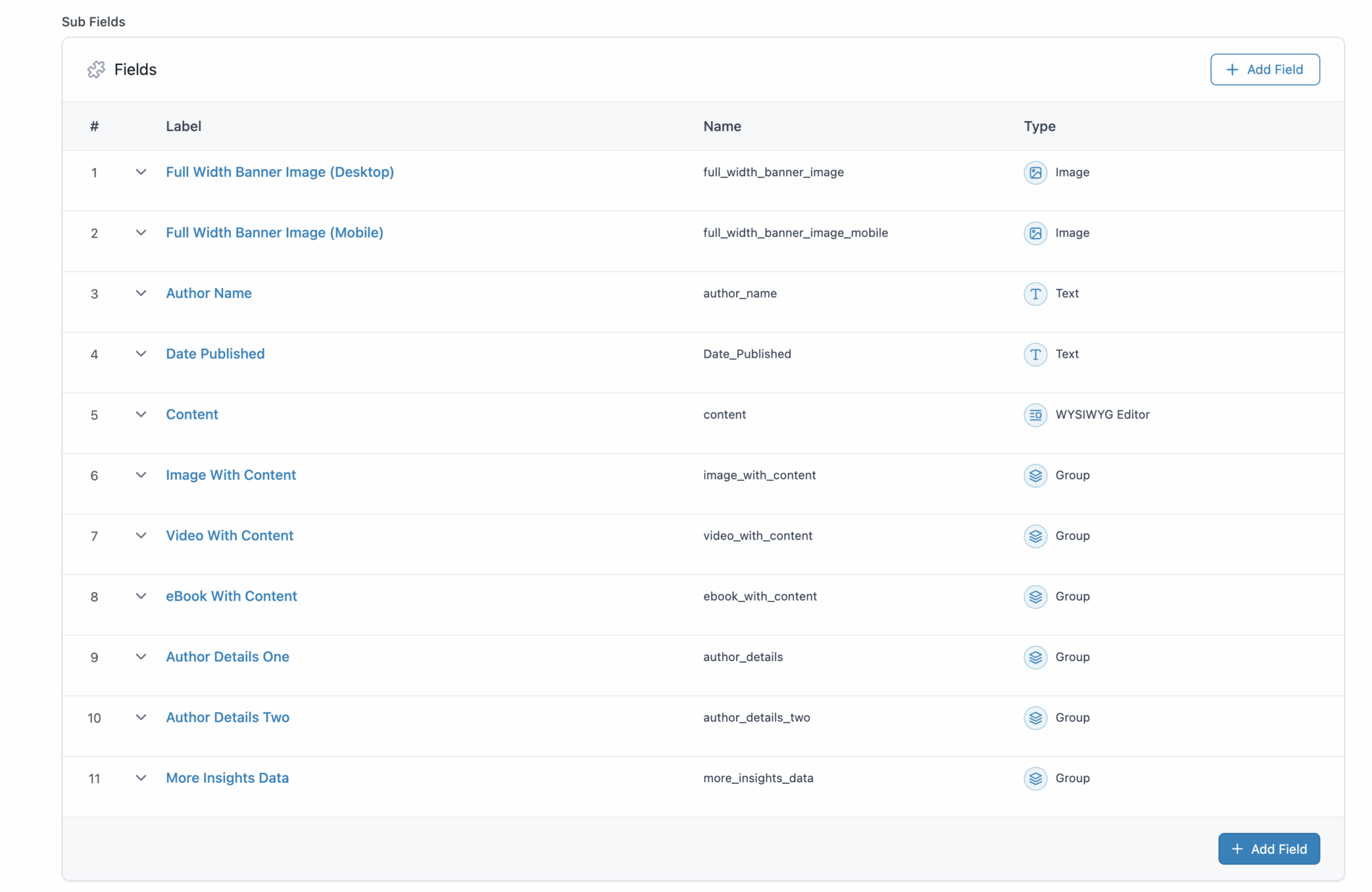 A screenshot of a web interface displaying a table of sub fields, including labels, names, and types for 11 fields—ideal for managing ACF to JetEngine migration or planning a WordPress post migration, with two “Add Field” buttons visible.