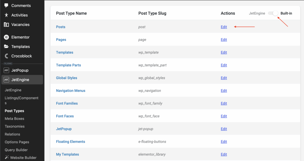 Screenshot of a WordPress admin panel showing a list of post types with corresponding slugs and "Edit" action links under the JetEngine menu, ideal for those managing ACF to JetEngine or planning to migrate WordPress posts. A "Built-in" toggle appears at the top right.