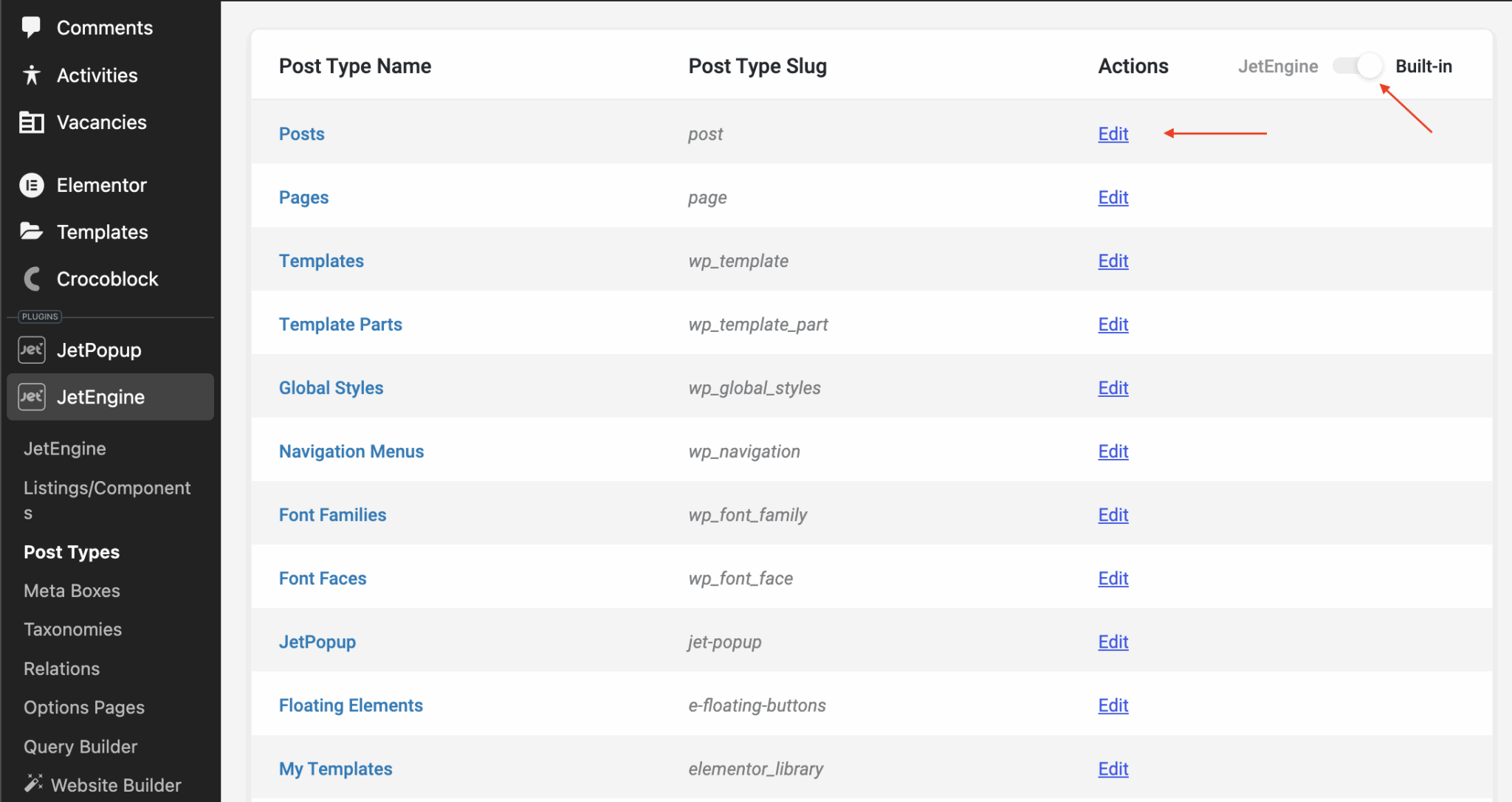 Screenshot of a WordPress admin panel showing a list of post types with corresponding slugs and "Edit" action links under the JetEngine menu, ideal for those managing ACF to JetEngine or planning to migrate WordPress posts. A "Built-in" toggle appears at the top right.