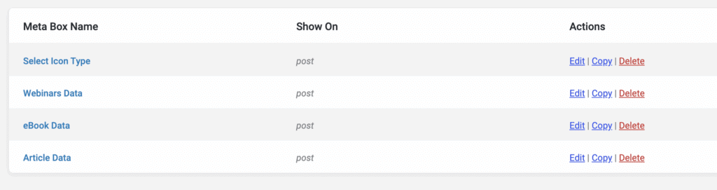 A table lists four meta box names with options to edit, copy, or delete each for migrate WordPress posts. All are shown on "post." Meta box names are links in blue; actions for ACF to JetEngine migration appear in blue and red text.