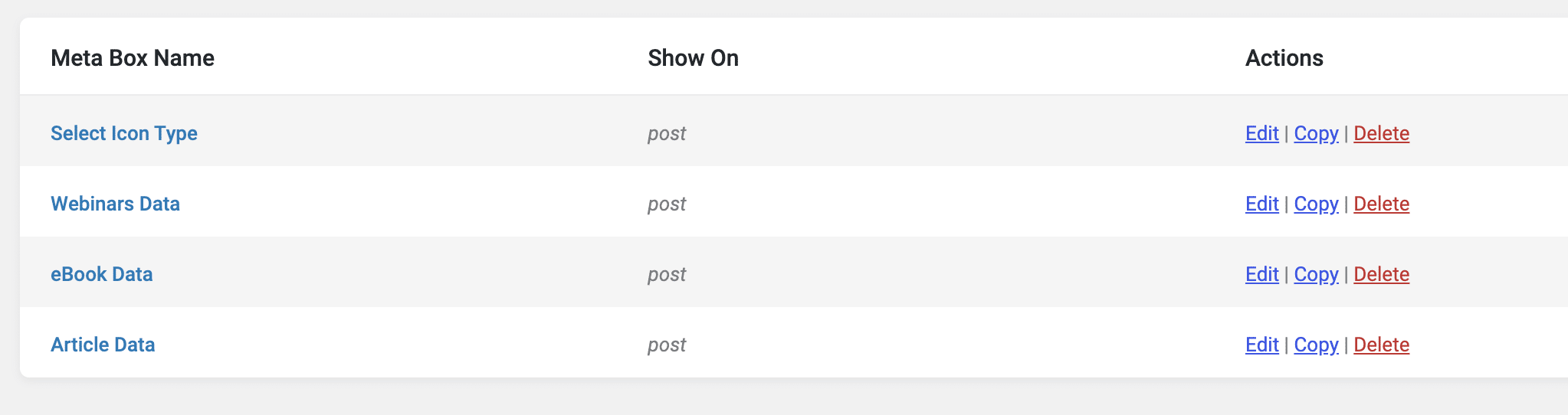 A table lists four meta box names with options to edit, copy, or delete each for migrate WordPress posts. All are shown on "post." Meta box names are links in blue; actions for ACF to JetEngine migration appear in blue and red text.