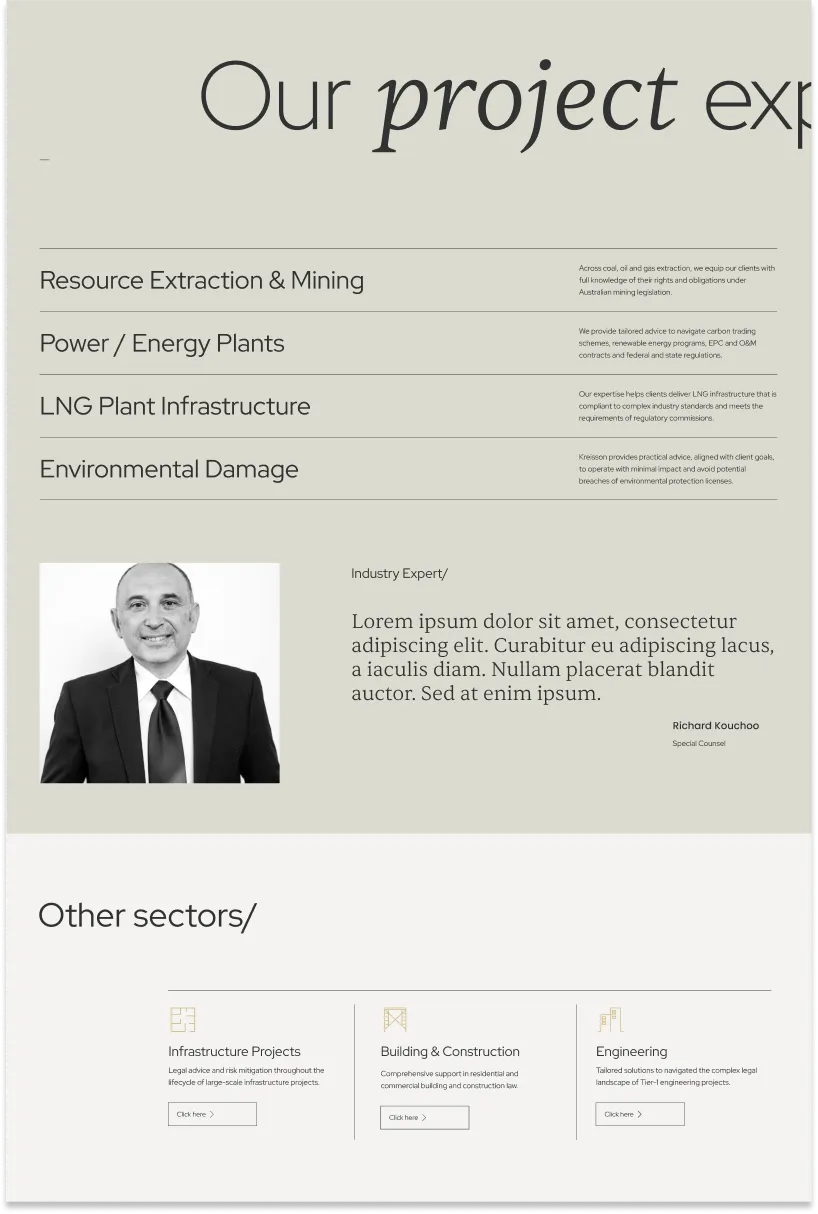 A corporate webpage lists industry sectors including resource extraction, power plants, LNG, and environmental damage. A black-and-white headshot and sample text are shown, with boxes for other sectors below.