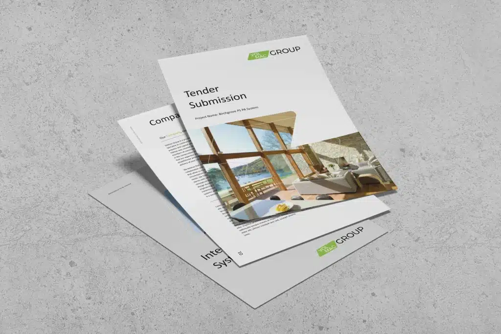 Three documents with AVEX GROUP branding, reflecting strong brand alignment, are stacked on a gray surface; the top page is titled "Tender Submission" and features an image of a modern room with large windows.