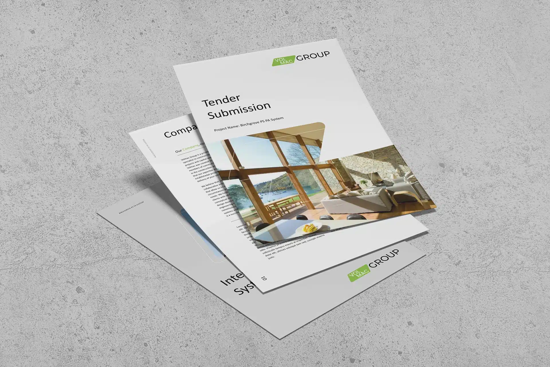 Three documents with AVEX GROUP branding, reflecting strong brand alignment, are stacked on a gray surface; the top page is titled "Tender Submission" and features an image of a modern room with large windows.