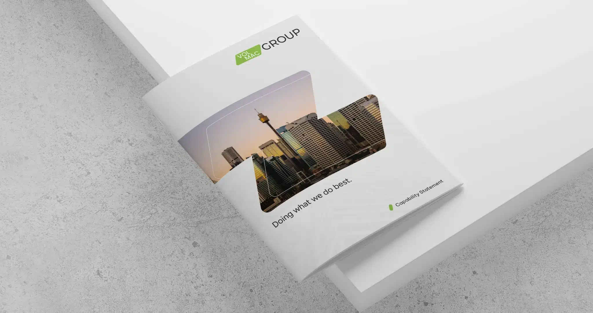 A company brochure with a city skyline photo on the cover, featuring the logo "AXO GROUP," highlights scaling up and brand alignment with the tagline "Doing what we do best." Inspired by Volmac’s approach.