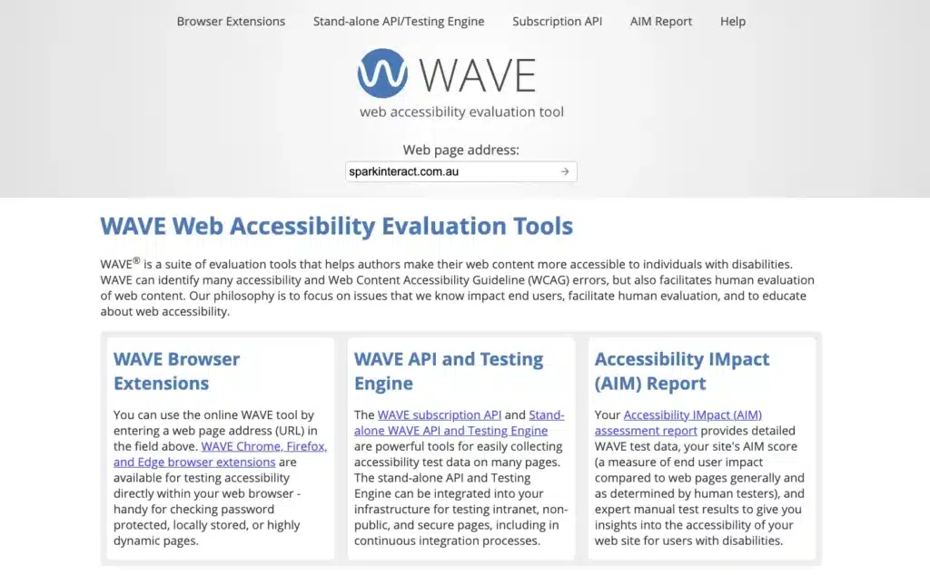 Screenshot of the WAVE web accessibility evaluation tool homepage, featuring options such as browser extensions, API, and an accessibility impact report—ideal for creating a website checklist or preparing to redesign your website in Australia.