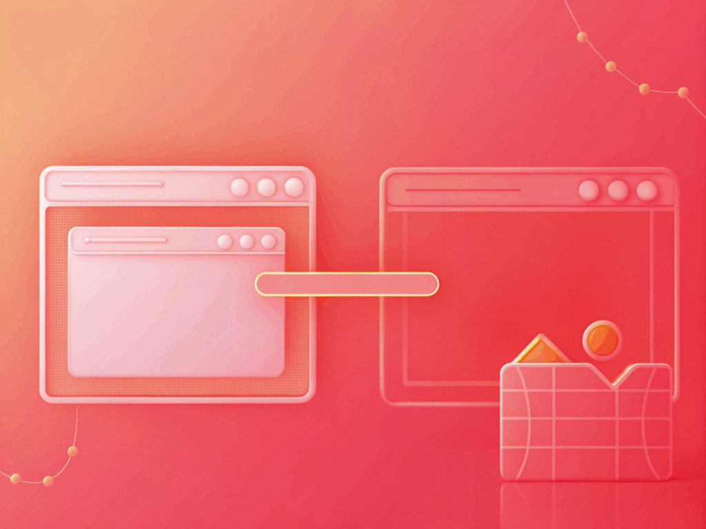 Two stylized browser windows are connected by a yellow bar; one window showcases a folder with geometric shapes on a pink gradient—perfect imagery for an Australian Business Guide's website redesign or new website launch.