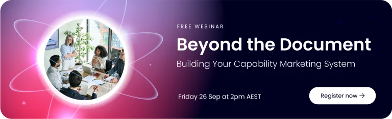 Webinar promo banner: “Beyond the Document – Building Your Capability Marketing System” with event details, a prominent register button, and a group meeting photo to engage attendees.