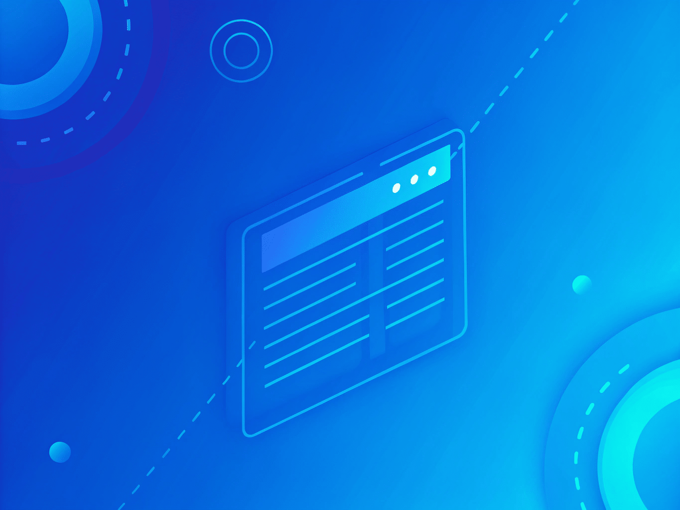 Blue abstract illustration of a webpage interface with lines representing text, surrounded by circular graphic elements on a gradient background.