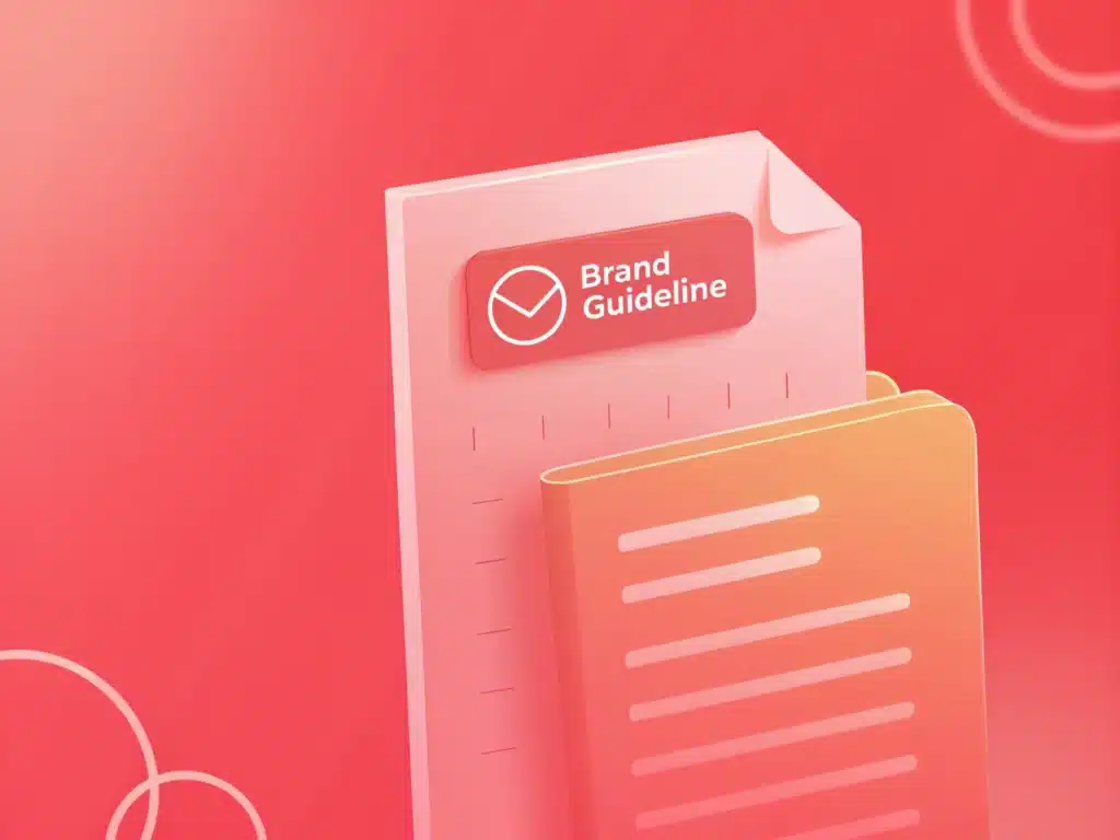 A stylized illustration of a document labeled "Brand Guideline" next to another folder, set against a pink and orange gradient background with circular patterns—perfect for showcasing business branding or essential brand guidelines.