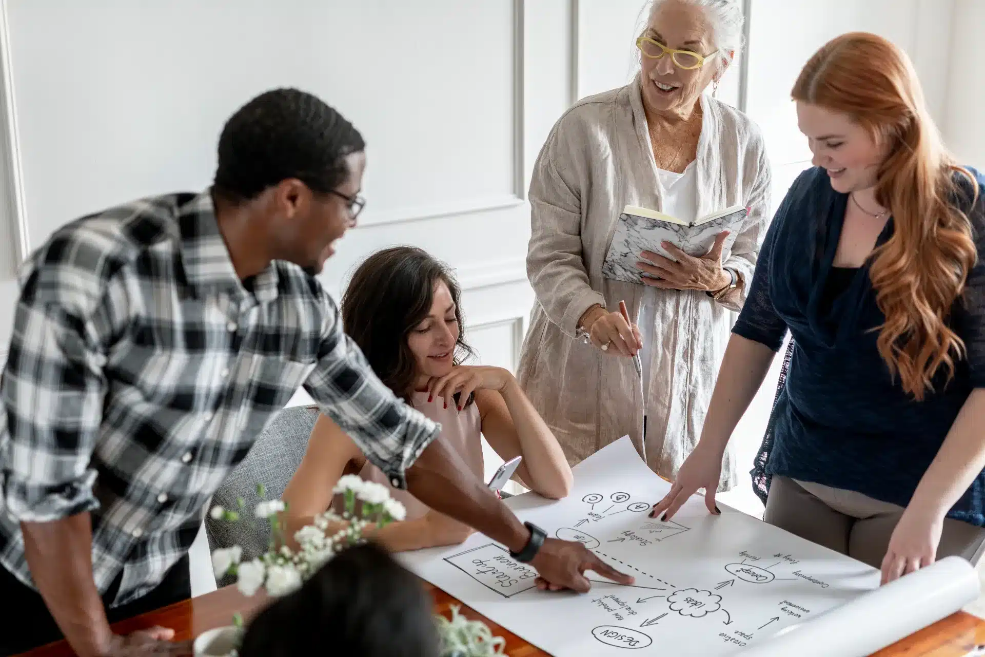 Four people gather around a table in Australia, discussing and pointing at a large sheet of paper with diagrams and notes—a website checklist—to help redesign your website during their meeting.