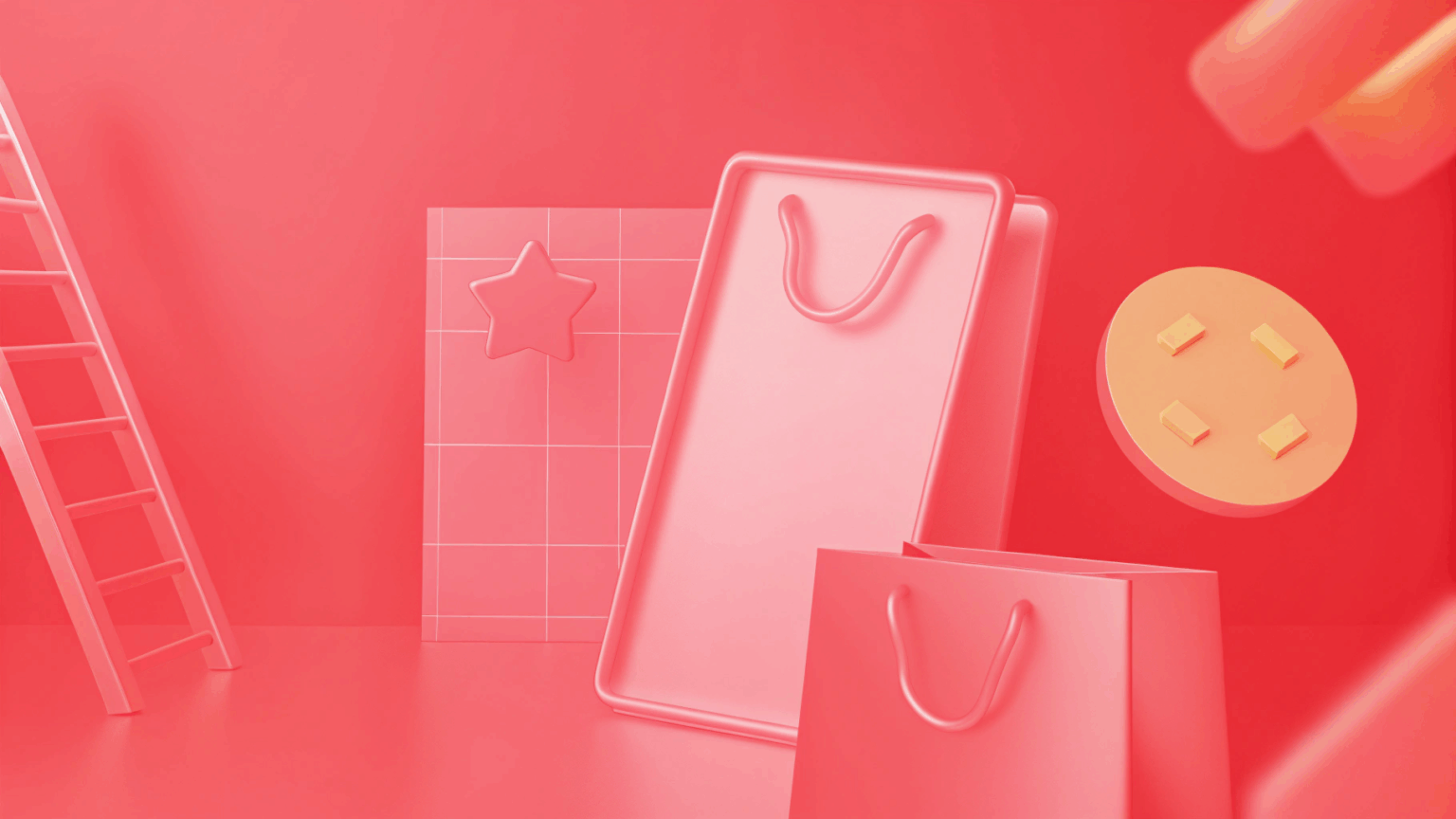 Pink-toned abstract scene with shopping bags, a star on a grid panel, a round yellow shape with plus signs, and a ladder on the left—perfect inspiration for your ecommerce website redesign to boost sales.