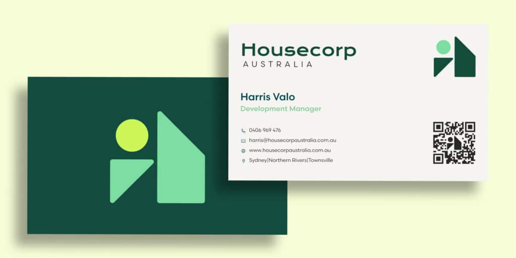 A business card for House Corp Australia featuring a green abstract logo, contact details for Harris Valo, and a QR code on a white background—perfect for enhancing your digital presence with style.