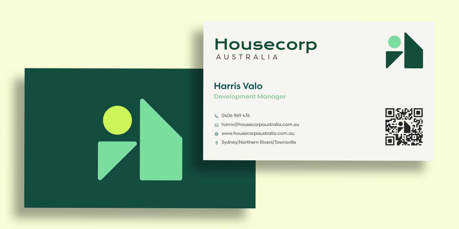 A business card for House Corp Australia featuring a green abstract logo, contact details for Harris Valo, and a QR code on a white background—perfect for enhancing your digital presence with style.