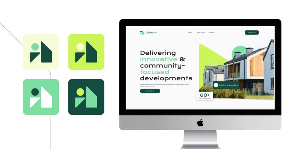 A computer monitor displays a website for a property development company, crafted by Sydney Branding Agency; four geometric House Corp Australia logo variations are shown to the left on a white background, highlighting their digital presence.
