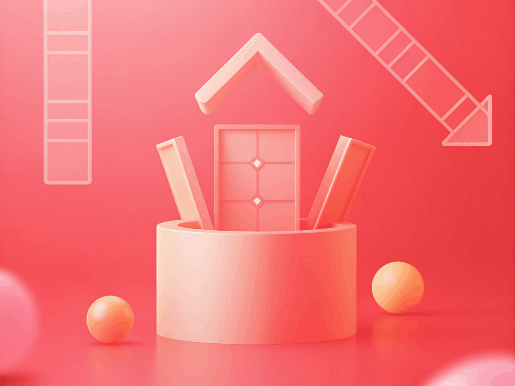 A geometric house with a door and rectangles rises from a cylindrical base, set against a pink background with arrows and ladder outlines—perfect inspiration for an Australian business planning a website redesign. Spheres are arranged around the base.