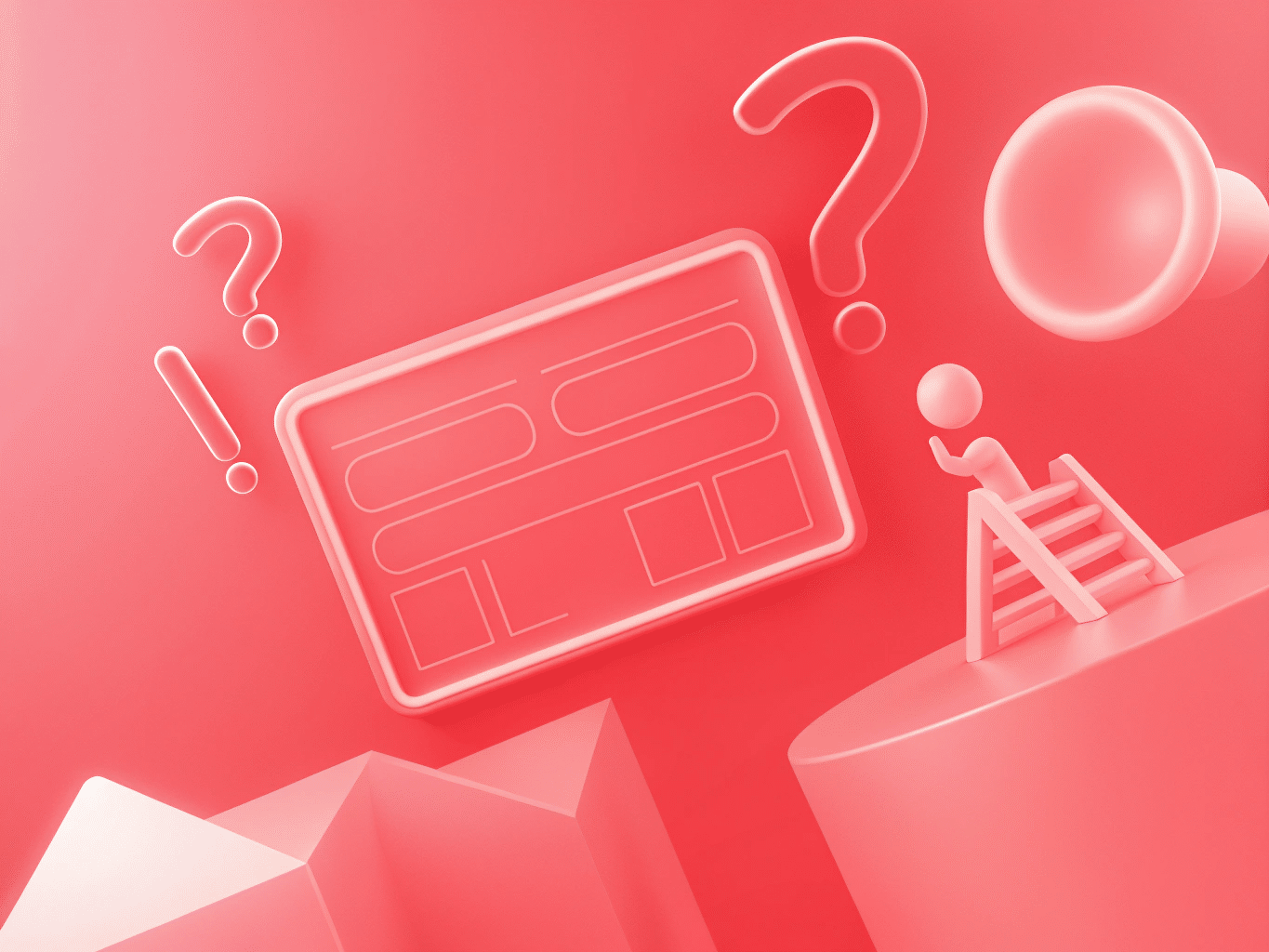 3D illustration of a person on a ladder facing a screen with question marks, an exclamation mark, and a loudspeaker—symbolizing an Australian business navigating a new website—all set against a pink background.