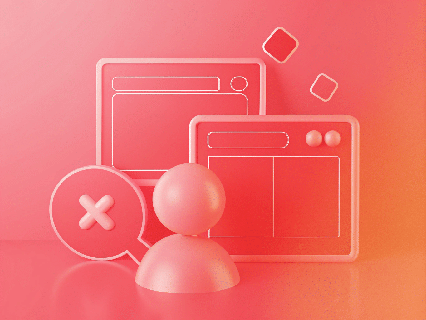 3D illustration of a person icon in front of two web browser windows and a magnifying glass with an "X" symbol, all in shades of pink—perfect for visualizing your website checklist before you redesign your website in Australia.
