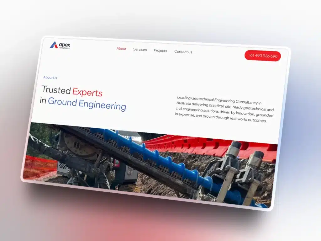 Apex Geotechnical Engineers' website showcases our digital presence with a clear heading, easy navigation menu, company overview, and a dynamic photo of industrial drilling equipment—the foundation to growth for your next project.