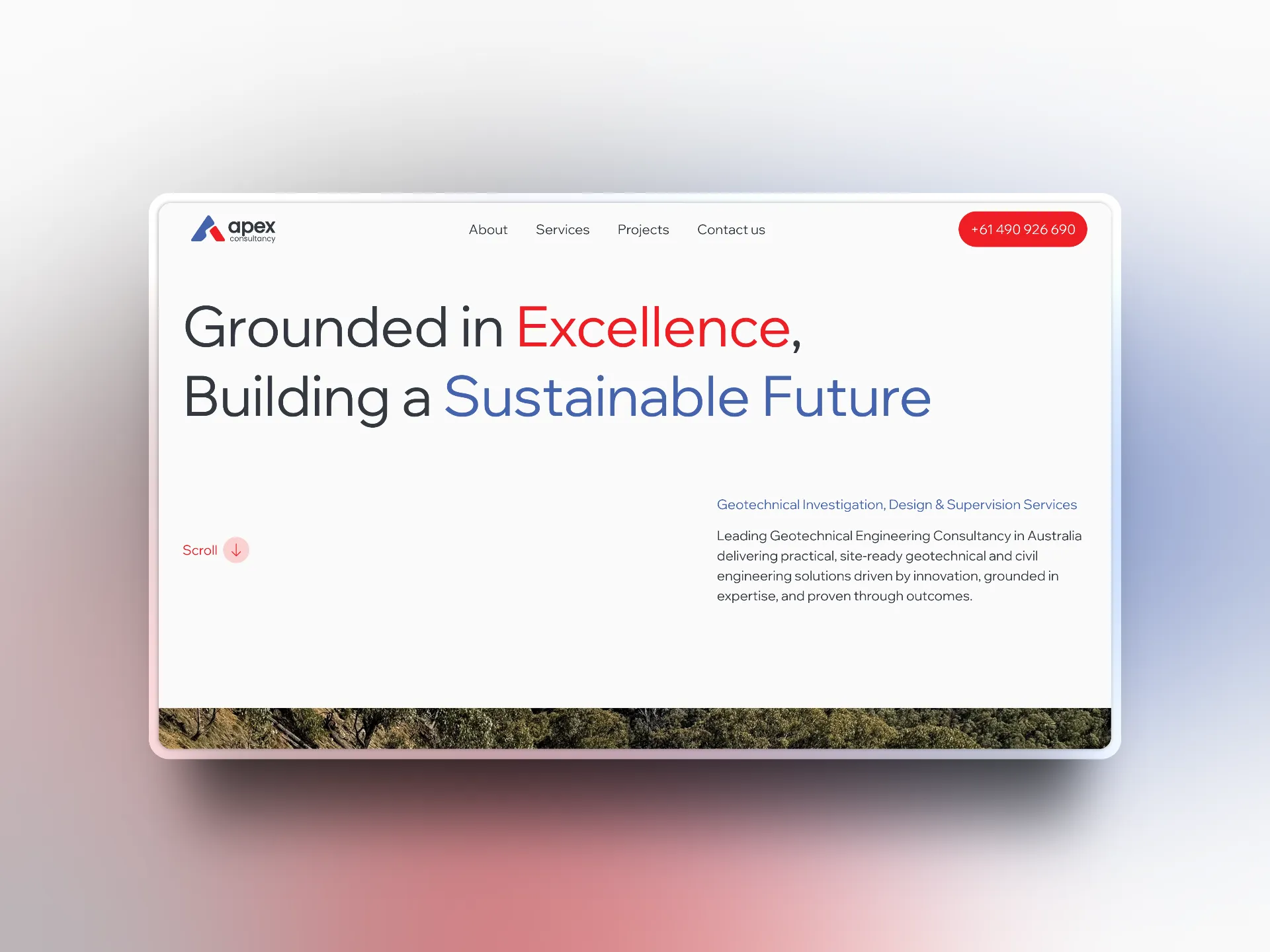 Apex Geotechnical Engineers' homepage features the headline "Grounded in Excellence, Building a Sustainable Future," a top navigation menu, and a strong digital presence—your foundation to growth in geotechnical engineering.
