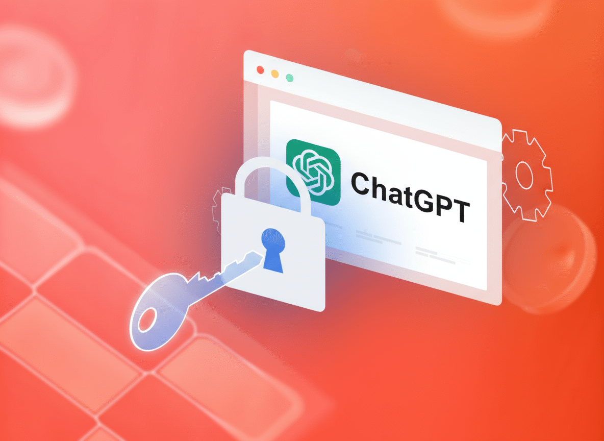 A digital illustration shows a ChatGPT logo on a browser window, with a padlock and key in the foreground, symbolizing security or access control for your ChatGPT API key.