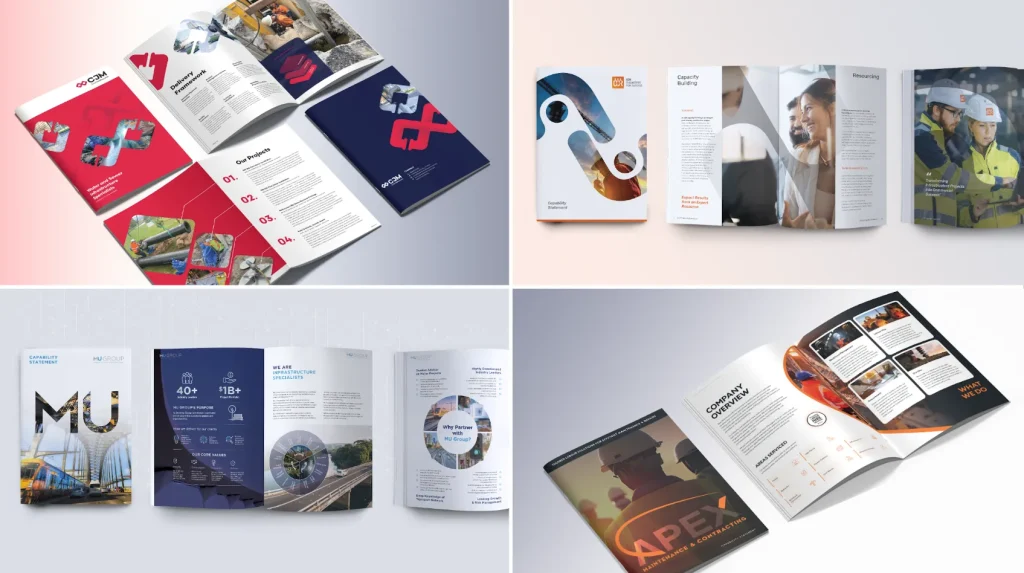 A collage of four open brochures, each with different layouts, images, and color schemes for a capability marketing system, displayed on light backgrounds.