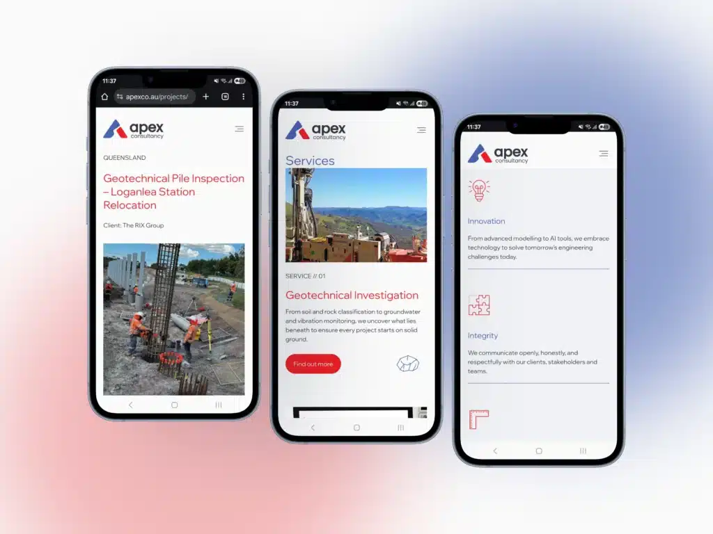 Three smartphones display the Apex Geotechnical Engineers website, highlighting their services, company values, and geotechnical pile inspection—showcasing a dynamic digital presence that supports continued growth.