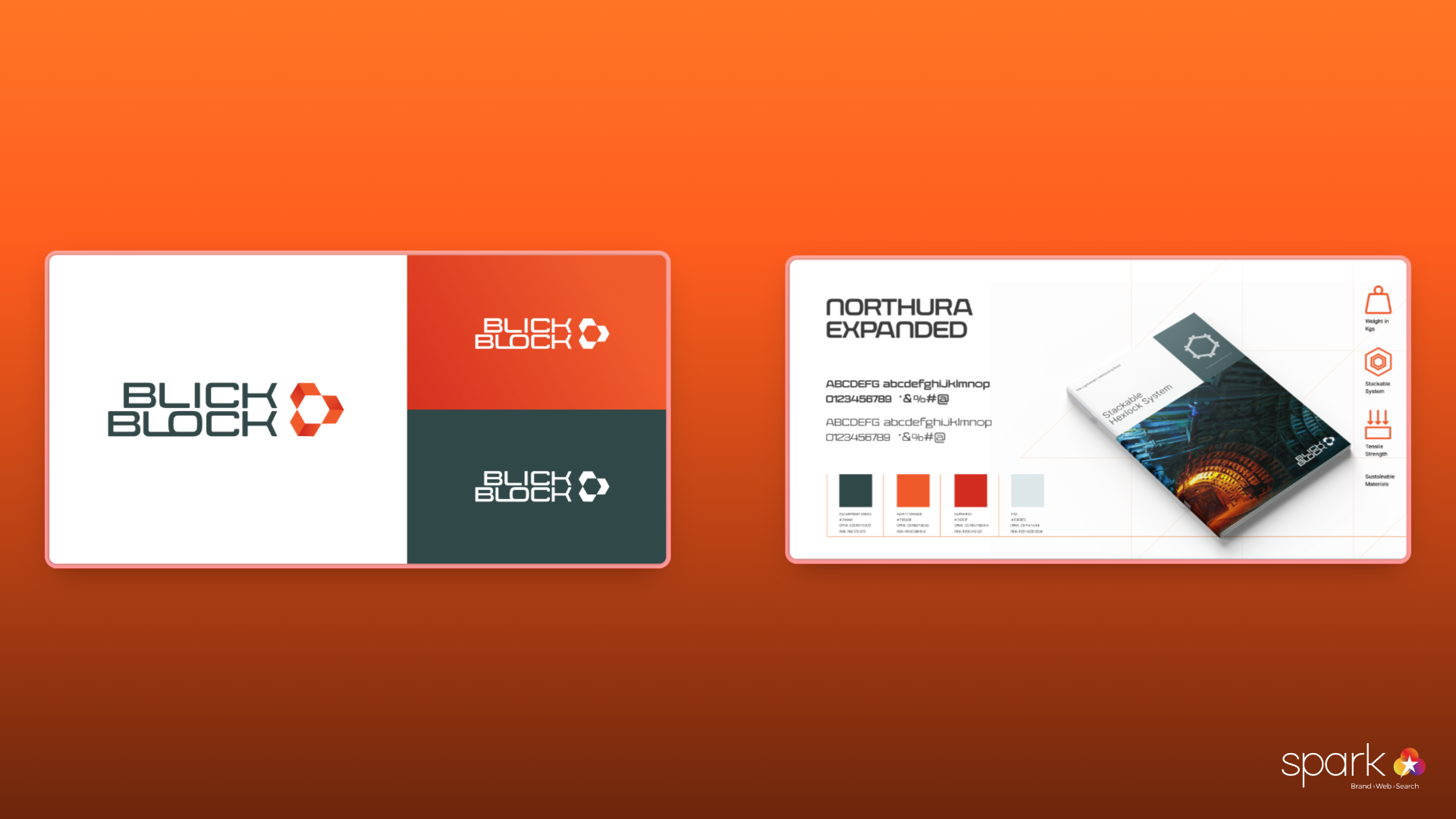 Two branding mockups on an orange gradient background display the “BlickBlock” logo, color palette, and typography, showcasing a market-ready brand. The "Spark" logo appears in the lower right corner.