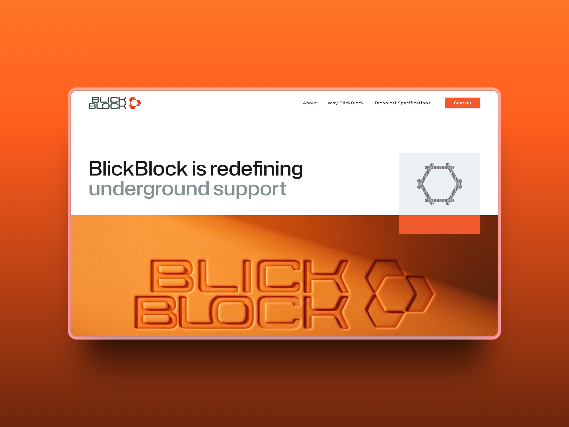 Website homepage for BlickBlock, a market-ready brand redefining underground support with mining innovation. Features a hexagonal logo and an orange embossed background showcasing the company name and logo.
