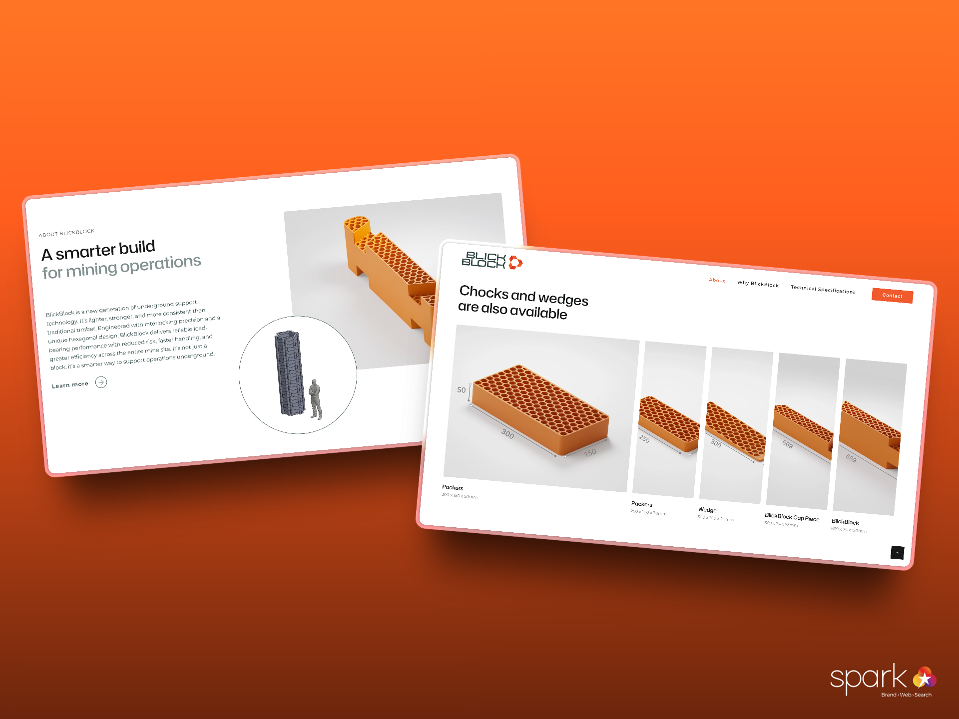 Two website mockups showcase mining equipment details, product images, and descriptions on white backgrounds with an orange gradient backdrop and a Spark logo in the corner, highlighting Mining Innovation and a market-ready brand presence.