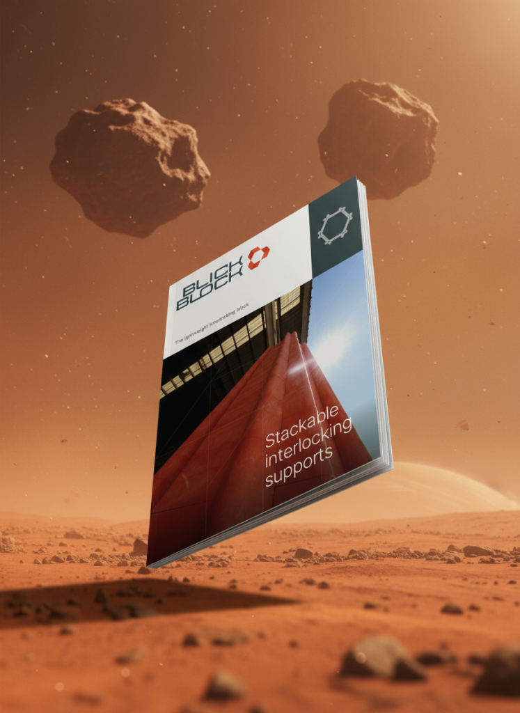 A magazine titled "Blick Block" floats above a Mars-like landscape with asteroids in the sky; the cover reads "Stackable interlocking supports," showcasing Mining Innovation from BlickBlock.