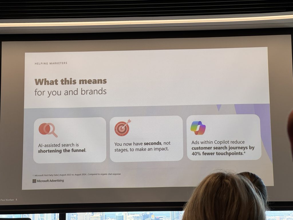 Presentation slide from Microsoft's marketing event on AI in marketing: AI-assisted search shortens funnels, accelerates impact, and Copilot ads drive 40% fewer touchpoints—boosting ROI and streamlining customer journeys.