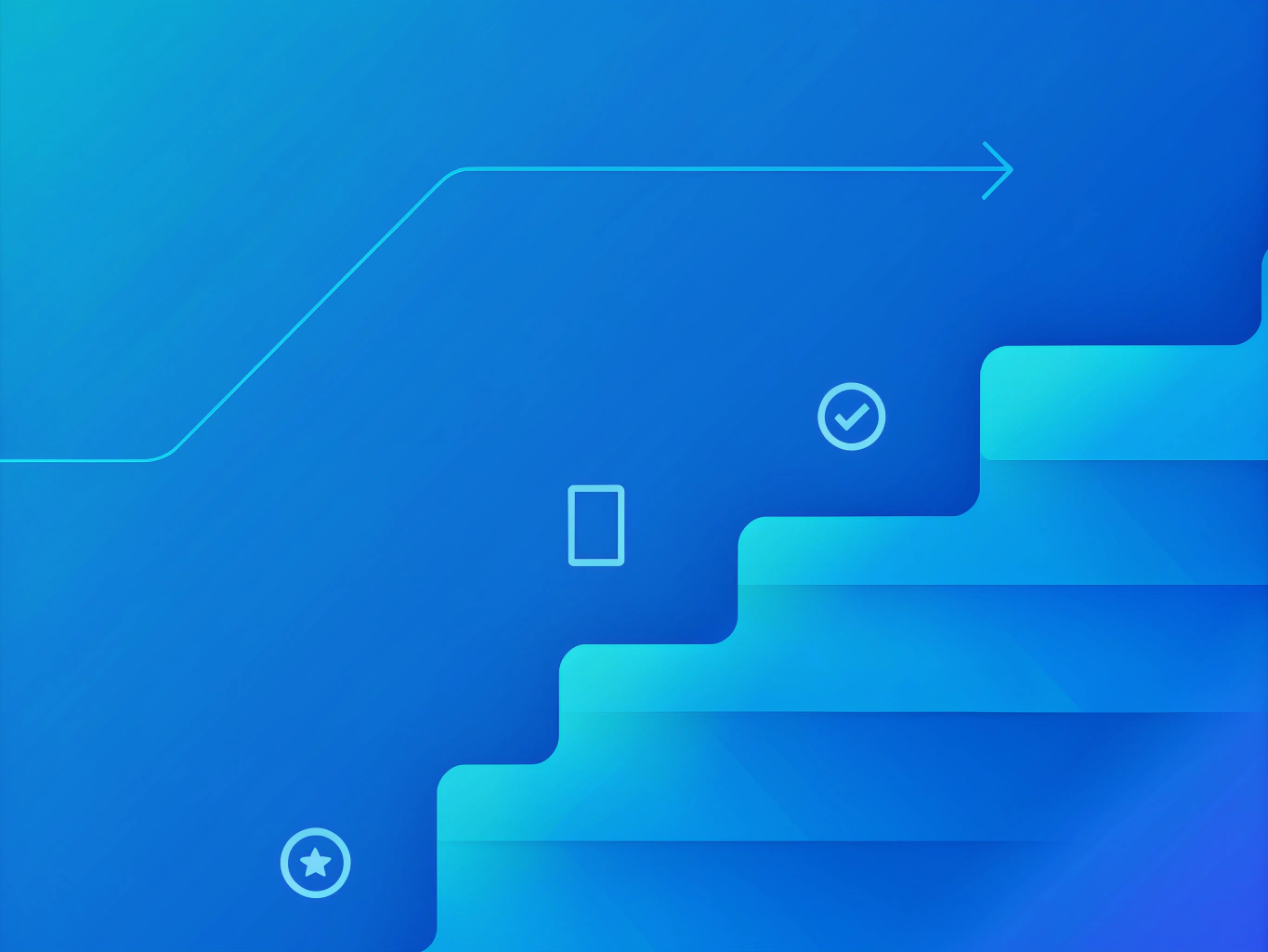 A blue gradient graphic featuring a staircase with icons of a star, a phone, and a check mark, plus an upward arrow—symbolizing B2B conversions and enhanced website features for modern web development.