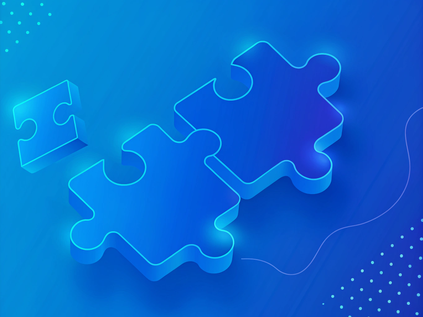 Three glowing blue puzzle pieces on a gradient blue background, with one piece separated from the others—perfect for illustrating Chrome Extension installation instruction or an AI rewrite process.