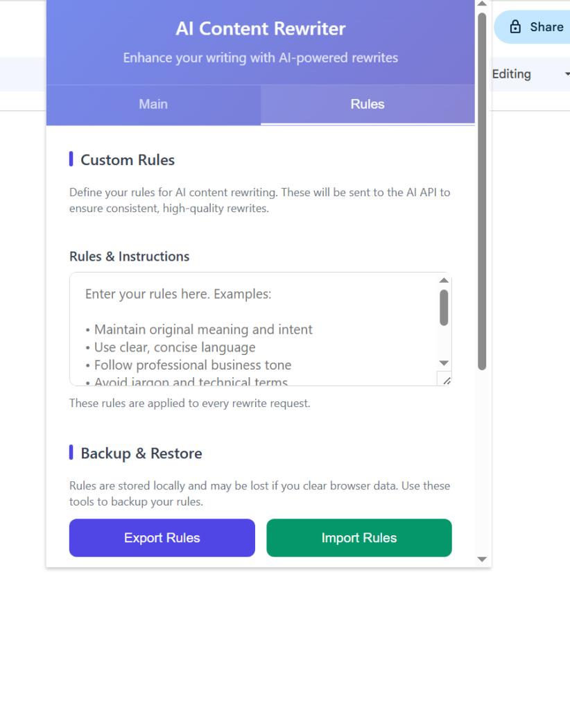 Screenshot of an AI Rewrite content rewriter interface with sections for custom rules, rules instructions entry, and options to export or import rules—perfect for managing your content on the go with the Chrome Extension.