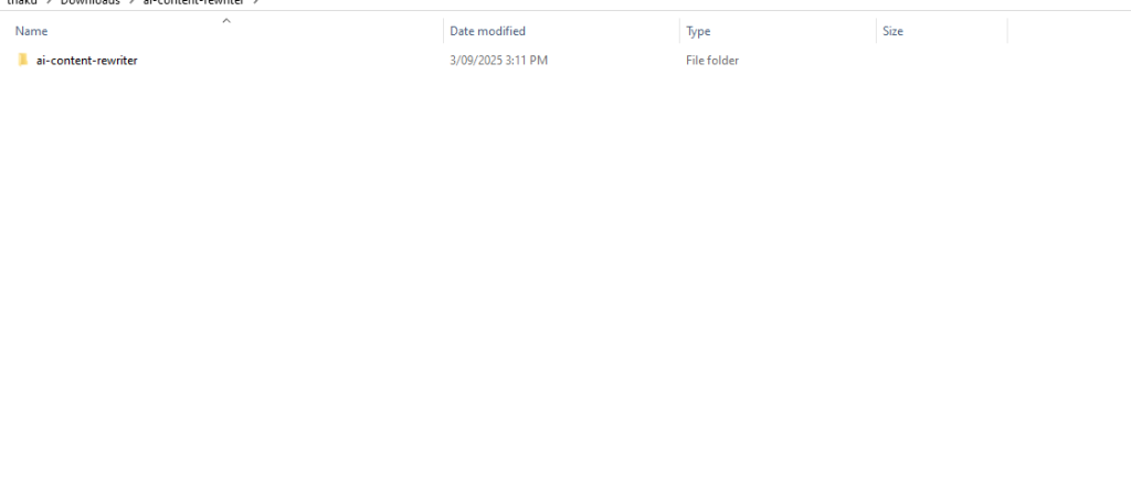 A computer file explorer window displays a single folder named "ai-context-rewriter," which likely contains the Chrome Extension or installation instruction files, with a modification date of 3/04/2023, 3:11 PM.