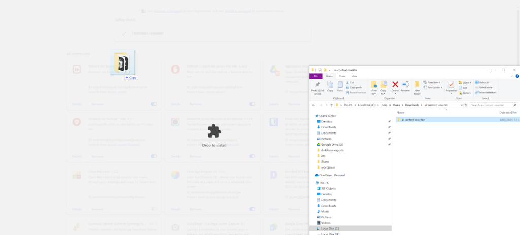 A file named "4.4.crx" is being dragged from a Windows File Explorer window into a web browser extensions page for Chrome Extension installation.