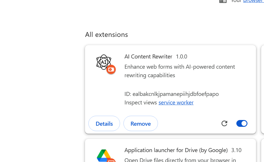 Screenshot of a Chrome Extension page featuring "AI Content Rewriter," with options to view details, remove, or inspect views, display its ID, and access Installation Instructions for the AI Rewrite tool.