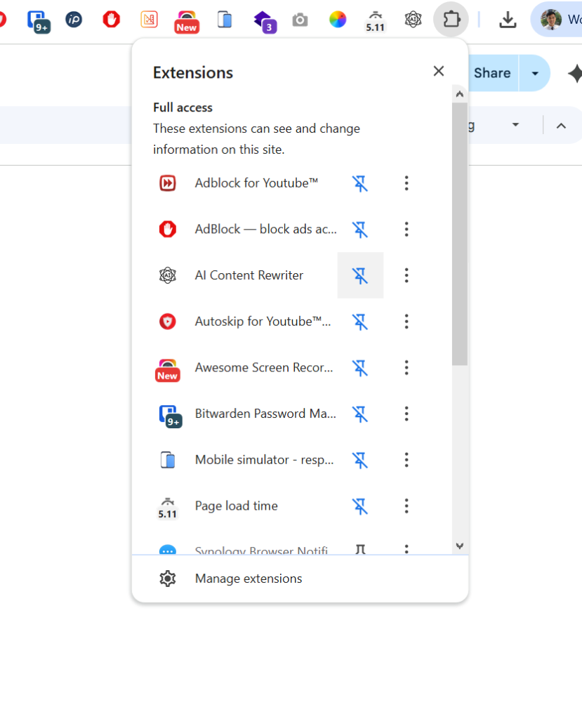 A list of Chrome Extensions with full access is displayed, including AdBlock for YouTube, AI Content Rewriter, AI Rewrite, and others, in a pop-up menu with quick installation instructions.