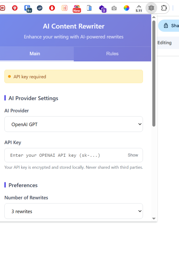Screenshot of the AI Content Rewriter Chrome Extension interface showing a required API key prompt, AI provider selection, API key input, and AI Rewrite preferences options, along with a clear installation instruction.