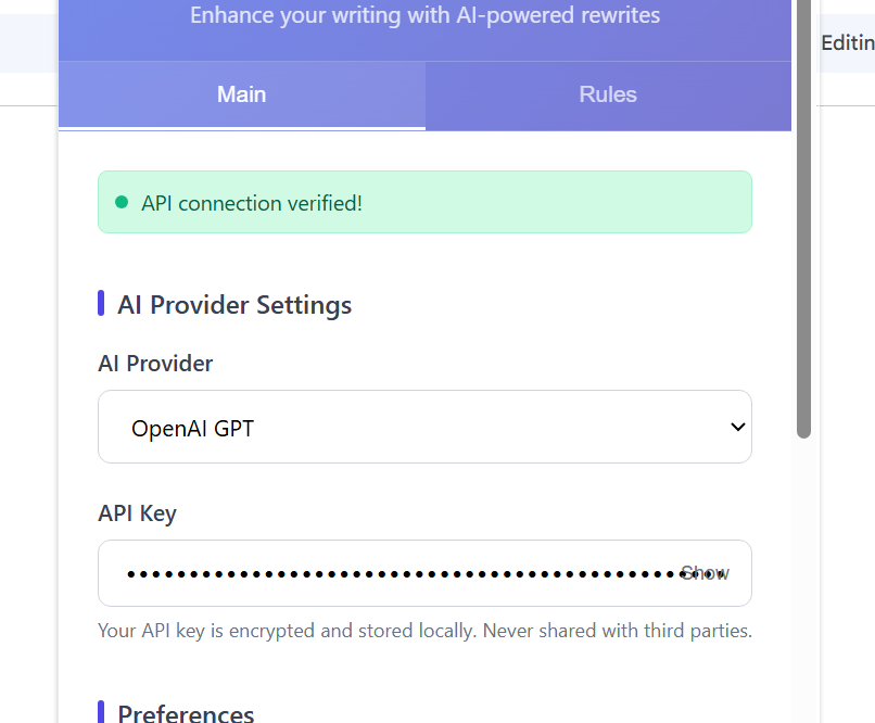Settings panel showing AI Provider set to OpenAI GPT with a verified API connection; API key field is partially obscured for security. Perfect for managing your Chrome Extension or following Installation Instructions for seamless AI Rewrite.