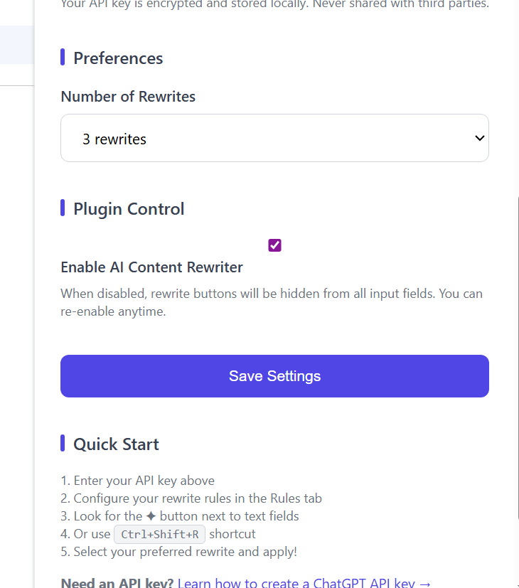 Screenshot of a user interface for an AI Rewrite Chrome Extension, with "3 rewrites" selected and the "Enable AI Content Rewriter" option checked.