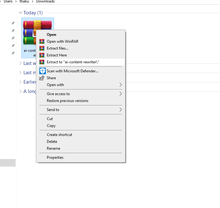 A Windows context menu is open showing extraction options and installation instruction for a ZIP file named "ai-content-rewriter"—perfect for adding your new Chrome extension from the Downloads folder.