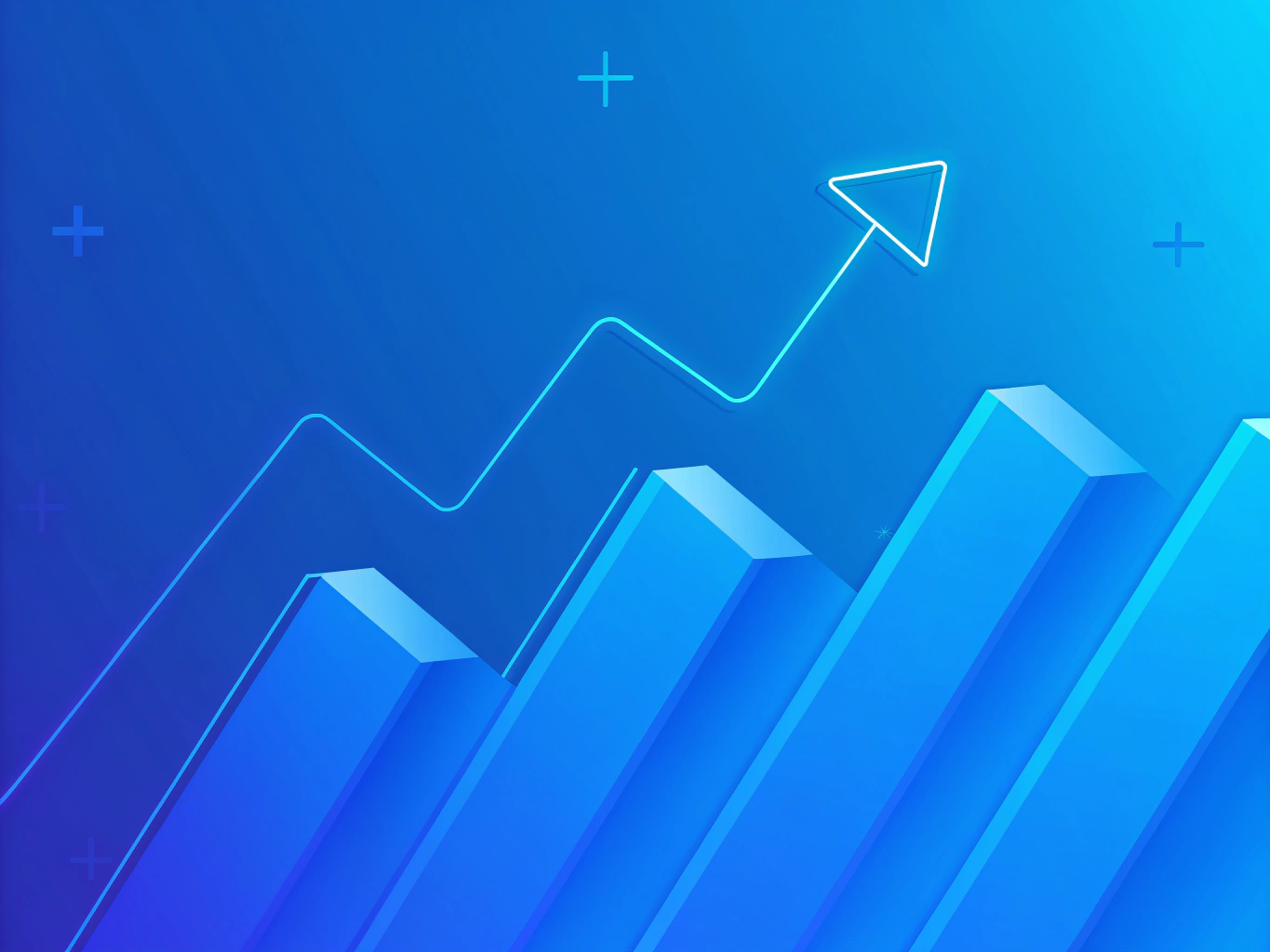 Blue bar graph with a line graph and arrow pointing upward, symbolizing growth in enterprise SEO or organic search performance on a gradient blue background with plus sign accents.