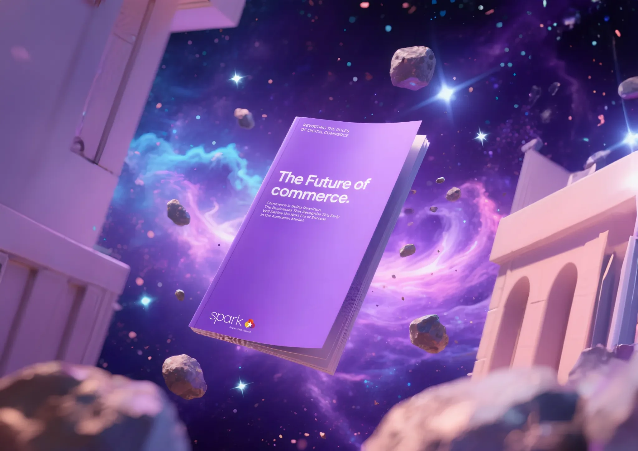 A purple booklet titled "The Future of Commerce" floats in a space-themed background with asteroids, stars, and classical columns—illustrating a new playbook for Australian business as it navigates the cosmos of tomorrow's marketplace.
