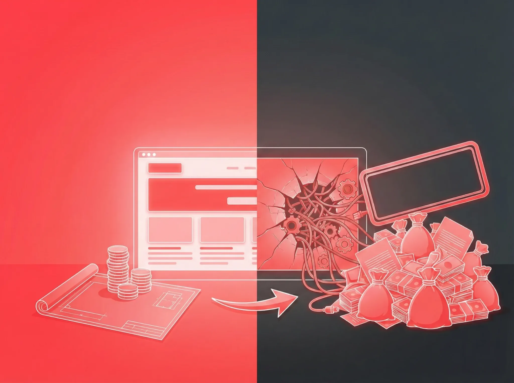 An illustration splits into two sides: one with coins, paperwork, a webpage labeled “public digital projects”; the other with a broken screen, gears, wires, and piles of money bags marked “$96.5 million”—a warning shot signaled by an arrow connecting them.