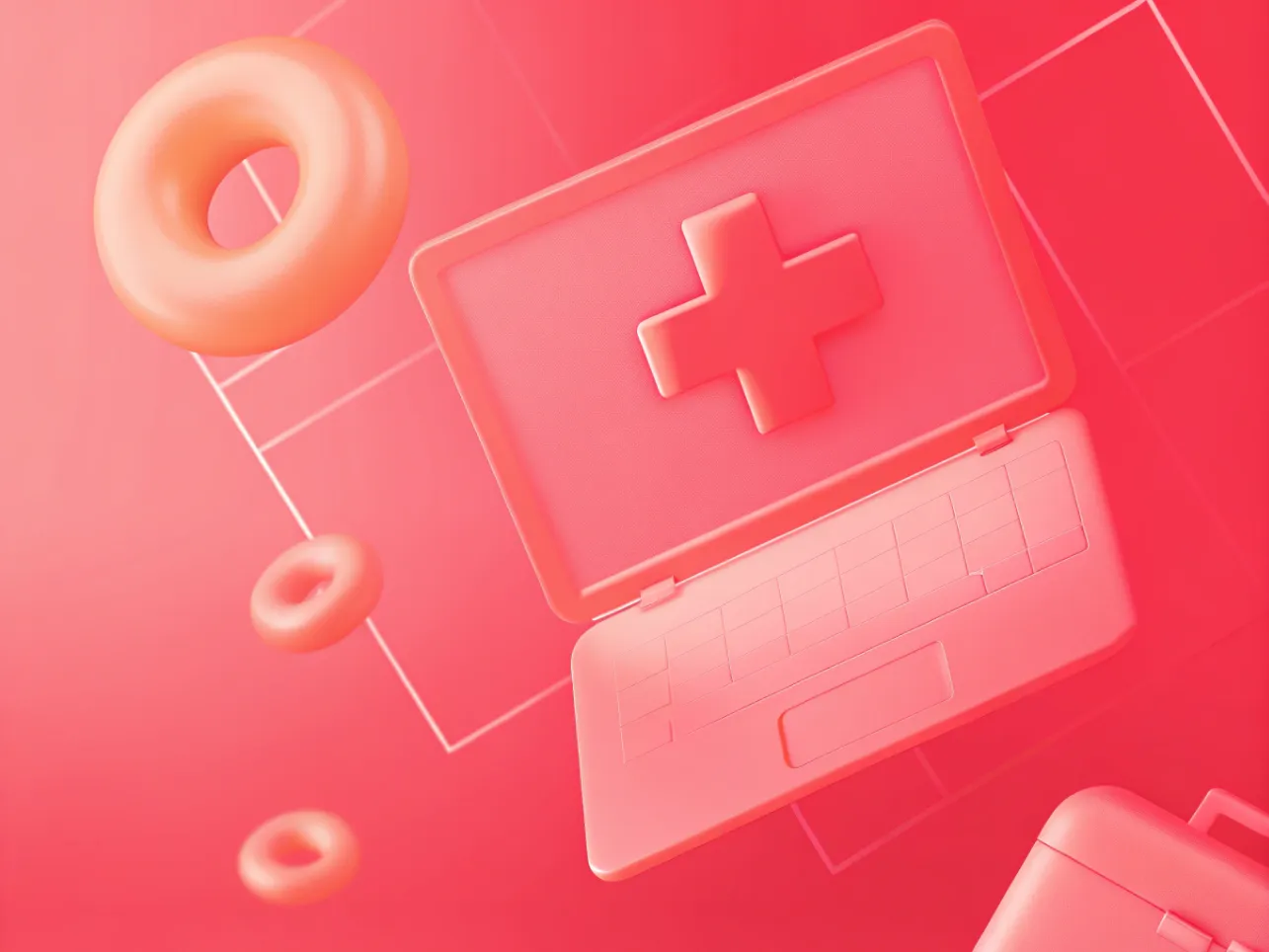A pink-toned illustration shows a laptop with a medical cross on its screen, surrounded by floating blood cells and geometric shapes, capturing the essence of innovative Healthcare Web Design.