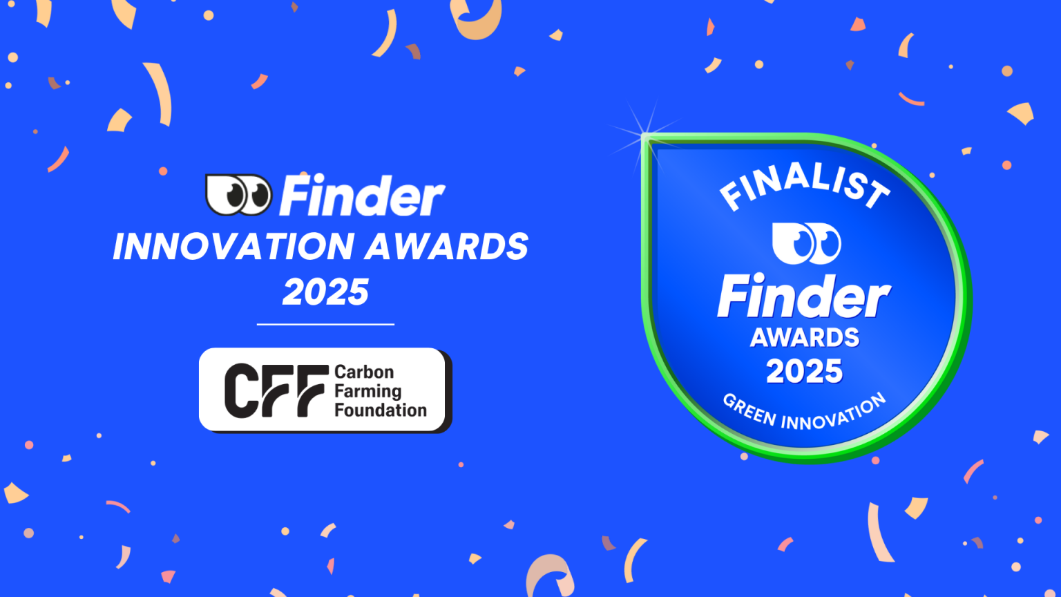Blue graphic with "Finder Innovation Awards 2025" text, Carbon Farming Foundation logo, and a badge reading "Finalist Finder Awards 2025 Green Innovation" amid confetti.